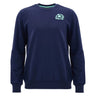 The Scotland SRU 26/27 Leisure Sweatshirt by Macron features a navy blue crewneck design with a light blue emblem on the left chest, inspired by the Scotland Rugby sweatshirt collection, and is presented against a plain white background.