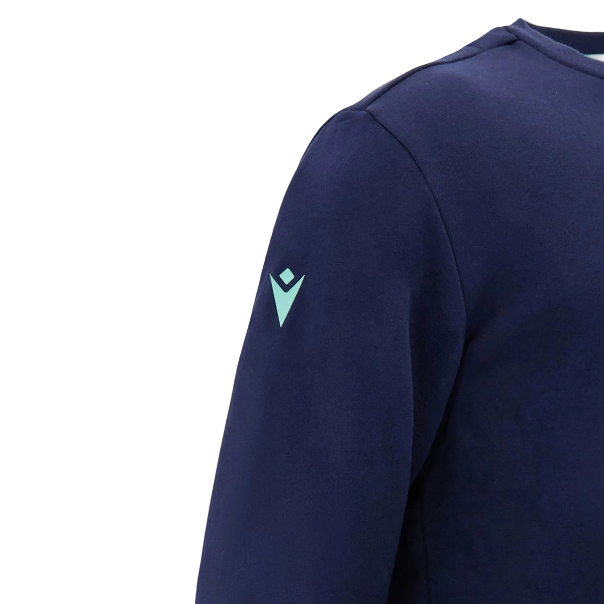 Navy blue long-sleeve Scotland SRU 26/27 Leisure Sweatshirt by Macron, featuring a light blue geometric logo on the upper left sleeve from shoulder to mid-arm—a sleek option inspired by classic Macron style.