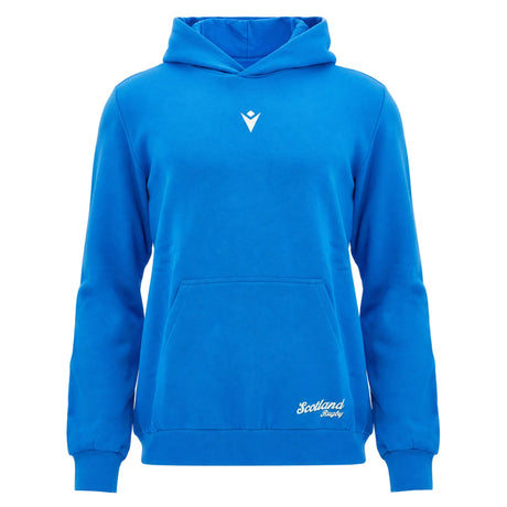 Show your support for Scottish Rugby with the official Scotland SRU 26/27 Leisure Hoodie by Macron. This vibrant blue hoodie features a white "Scotland Rugby" logo on the front pocket and a small white emblem on the chest, making it a perfect choice for any fan.