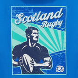 Illustration of a rugby player holding a ball with "Scotland Rugby" text above, set against a sunburst background and a thistle emblem in the corner—perfect inspiration for any fan of Scottish Rugby or those wearing the Scotland SRU 26/27 Leisure Hoodie by Macron.