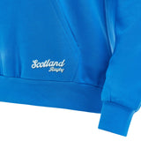 Close-up of the Scotland SRU 26/27 Leisure Hoodie by Macron in blue, featuring a kangaroo pocket and the embroidered "Scotland Rugby" text in white on the front.