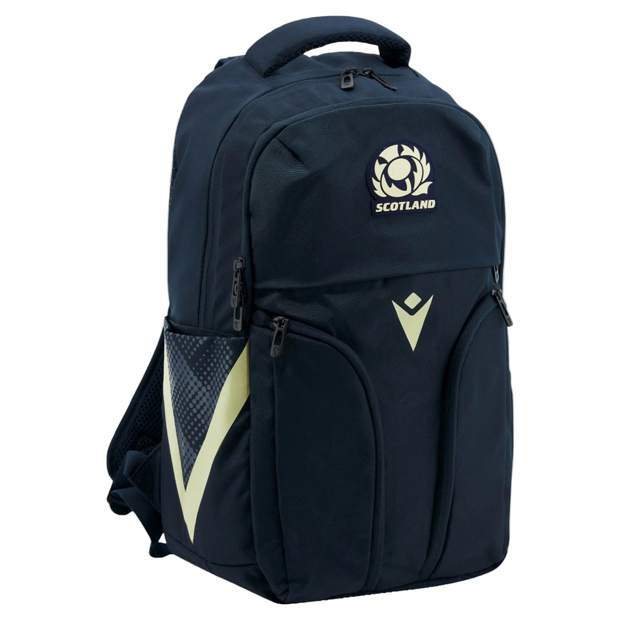 The Scotland SRU 26/27 Backpack by Macron features a black design with white accents, the official Scotland rugby logo, multiple zippered compartments, a top handle, and a mesh side pocket. This versatile backpack from Macron is perfect for carrying your gear in style.