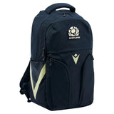 The Scotland SRU 26/27 Backpack by Macron features a black design with white accents, the official Scotland rugby logo, multiple zippered compartments, a top handle, and a mesh side pocket. This versatile backpack from Macron is perfect for carrying your gear in style.