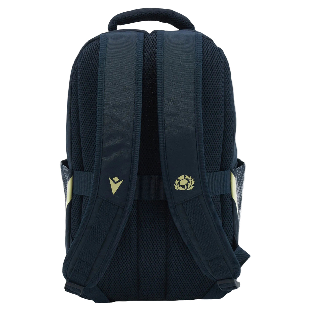 The back view of the Scotland SRU 26/27 Backpack by Macron in dark blue, showcasing the Macron logo and Scottish Rugby thistle emblem on the shoulder straps, set against a white background.
