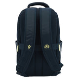 The back view of the Scotland SRU 26/27 Backpack by Macron in dark blue, showcasing the Macron logo and Scottish Rugby thistle emblem on the shoulder straps, set against a white background.