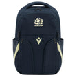 The Scotland SRU 26/27 Backpack by Macron is a dark blue sports backpack featuring the official rugby logo and "Scotland" text on the front, designed with multiple zippered compartments and two side pockets—making it a stylish and practical choice from Macron.