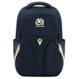 The Scotland SRU 26/27 Backpack by Macron is a dark blue sports backpack featuring the official rugby logo and "Scotland" text on the front, designed with multiple zippered compartments and two side pockets—making it a stylish and practical choice from Macron.