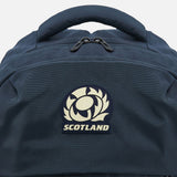 Close-up of the Scotland SRU 26/27 Backpack by Macron in blue, showcasing a prominent Scotland Rugby emblem patch centered on the front pocket. The backpack features a top carry handle and two visible zipper pulls—making it the perfect sports backpack for loyal Scotland rugby supporters.