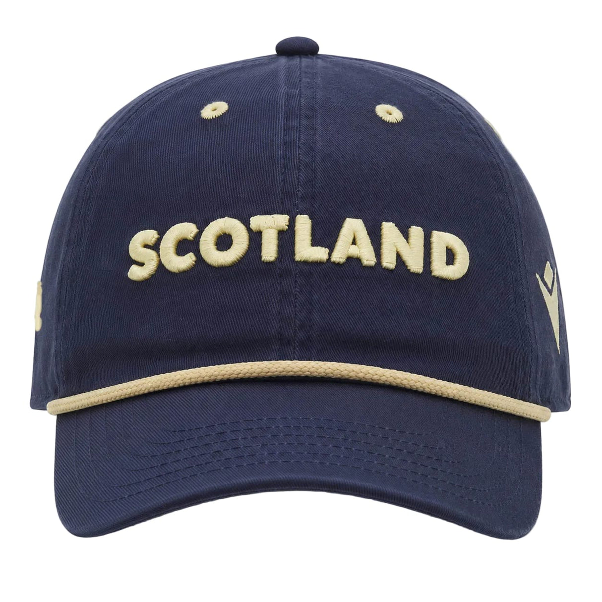 The Scotland SRU 26/27 Dad Cap by Macron features a navy blue design with "SCOTLAND" embroidered in beige letters on the front and coordinating beige trim along the brim—an ideal choice for any Scotland Rugby fan eager to support their team in official SRU 26/27 style.
