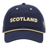 The Scotland SRU 26/27 Dad Cap by Macron features a navy blue design with "SCOTLAND" embroidered in beige letters on the front and coordinating beige trim along the brim—an ideal choice for any Scotland Rugby fan eager to support their team in official SRU 26/27 style.