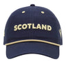 The Scotland SRU 26/27 Dad Cap by Macron features a navy blue design with "SCOTLAND" embroidered in beige letters on the front and coordinating beige trim along the brim—an ideal choice for any Scotland Rugby fan eager to support their team in official SRU 26/27 style.