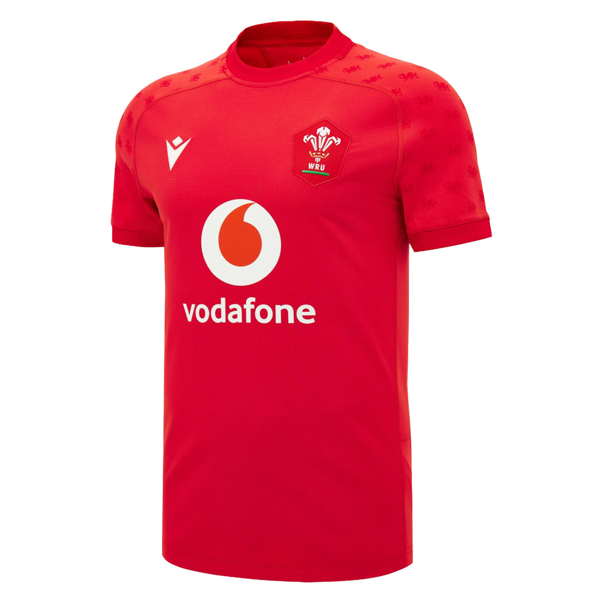 Introducing the Wales WRU 26/27 Authentic Matchday Home Jersey by Macron—a red, short-sleeved jersey showcasing both the Vodafone and Macron logos, as well as the Welsh Rugby Union badge on the chest. This official team jersey delivers high-performance design paired with authentic matchday detailing.