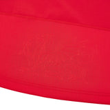 Scarlet fabric featuring an embossed dragon with outstretched wings and a pointed tail along the edge—just like that on the Wales WRU 26/27 Authentic Matchday Home Jersey by Macron.