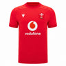 Experience the official Wales WRU 26/27 Authentic Matchday Home Jersey by Macron—crafted in striking red, it showcases a bold white Vodafone logo, white Macron branding, and a chest crest featuring the iconic white feather emblem with “WRU” text.