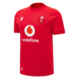 The Wales WRU 26/27 Replica Home Jersey by Macron is a red short-sleeve rugby shirt featuring the Welsh Rugby Union crest, Vodafone sponsor logo, and Macron branding on the front. This replica jersey captures the authentic look of the official 26/27 kit.