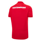 Seen from the back, the Wales WRU 26/27 Replica Home Jersey by Macron is a red short-sleeved sports jersey featuring bold white “GO.COMPARE” text across the upper back—an authentic Macron replica shirt that’s perfect for dedicated Wales rugby fans.