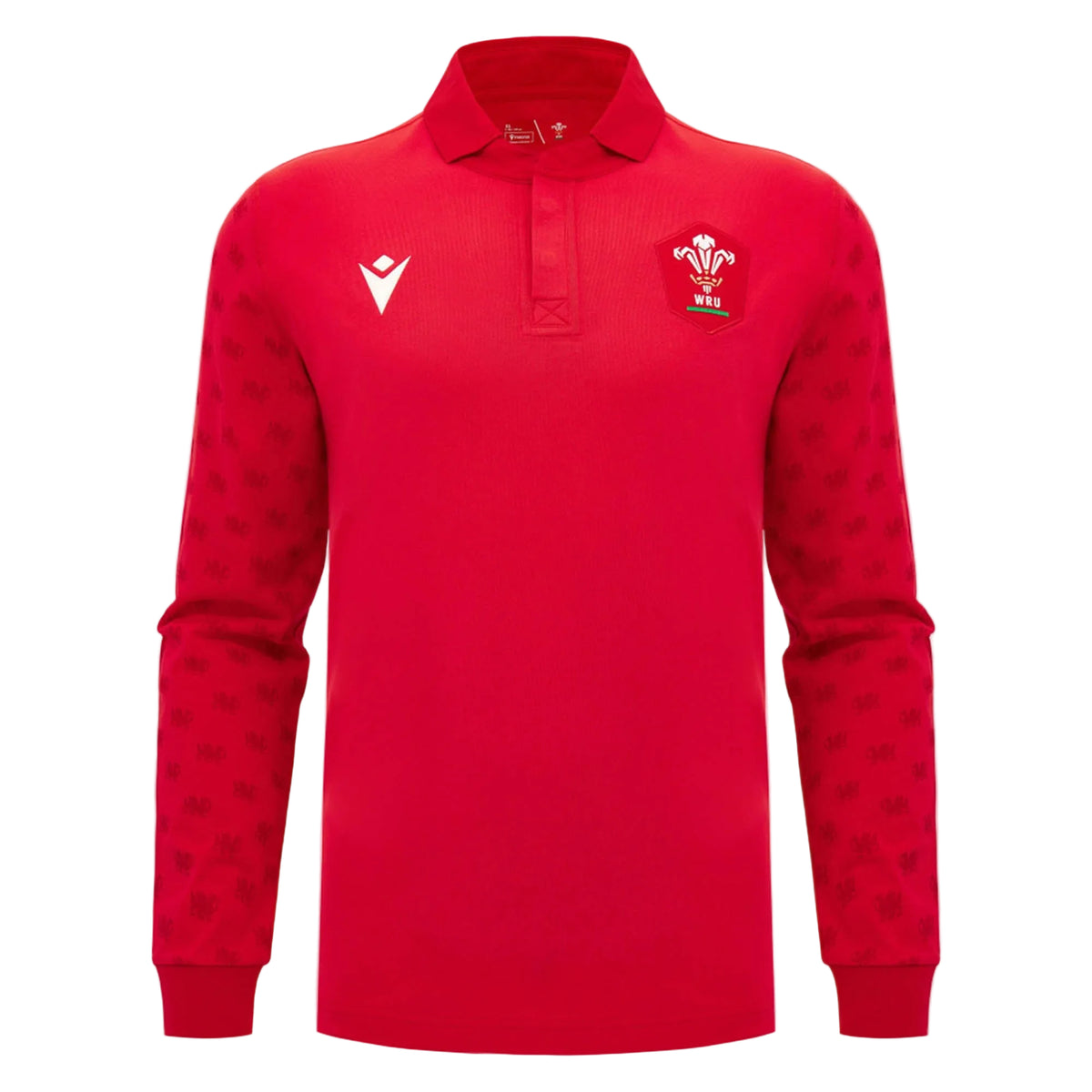 Show your passion for Welsh rugby with the Wales WRU 26/27 Classic Long Sleeve Home Jersey by Macron. This red long-sleeve jersey features a traditional collar, plus the Welsh Rugby Union (WRU) and Macron logos on the chest—an authentic choice for dedicated Wales supporters.