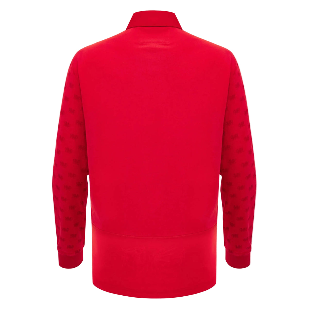 Back view of the Wales WRU 26/27 Classic Long Sleeve Home Jersey by Macron, showing its red color with patterned sleeves, a plain torso, and a collar. The smooth fabric with a subtle sheen evokes the timeless style of traditional Wales rugby jerseys.