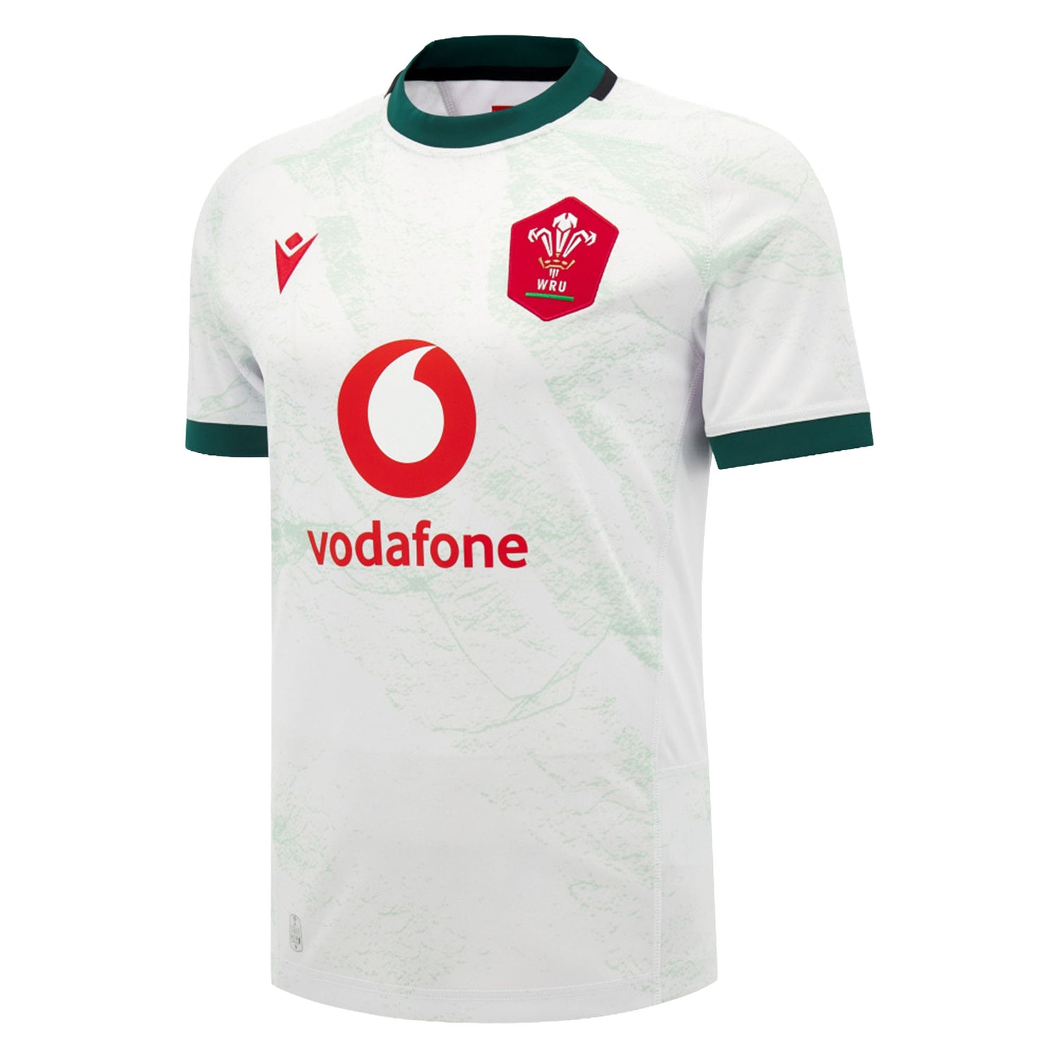 Support your team with the Wales WRU 26/27 Replica Away Jersey by Macron—a white short-sleeve rugby shirt featuring green trim, the iconic red Welsh Rugby Union (WRU) crest, Macron branding, and Vodafone sponsor logo on the front. Ideal for fans seeking an authentic replica of the latest 2026/27 away jersey or collectors adding to their Welsh Rugby Union memorabilia.