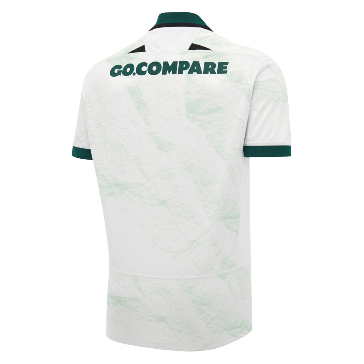 The Wales WRU 26/27 Replica Away Jersey by Macron is a white short-sleeved sports jersey inspired by the iconic Wales WRU kit, featuring a dark green collar and sleeve trim, with “GO.COMPARE” printed on the upper back.