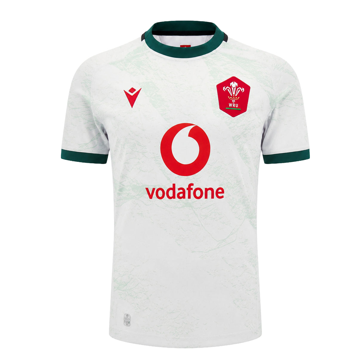 Introducing the Wales WRU 26/27 Replica Away Jersey by Macron: Featuring a white design with green collar and cuffs, a red Vodafone logo, and the Welsh Rugby Union crest on the chest, this is the official away jersey for the 2026/27 season.