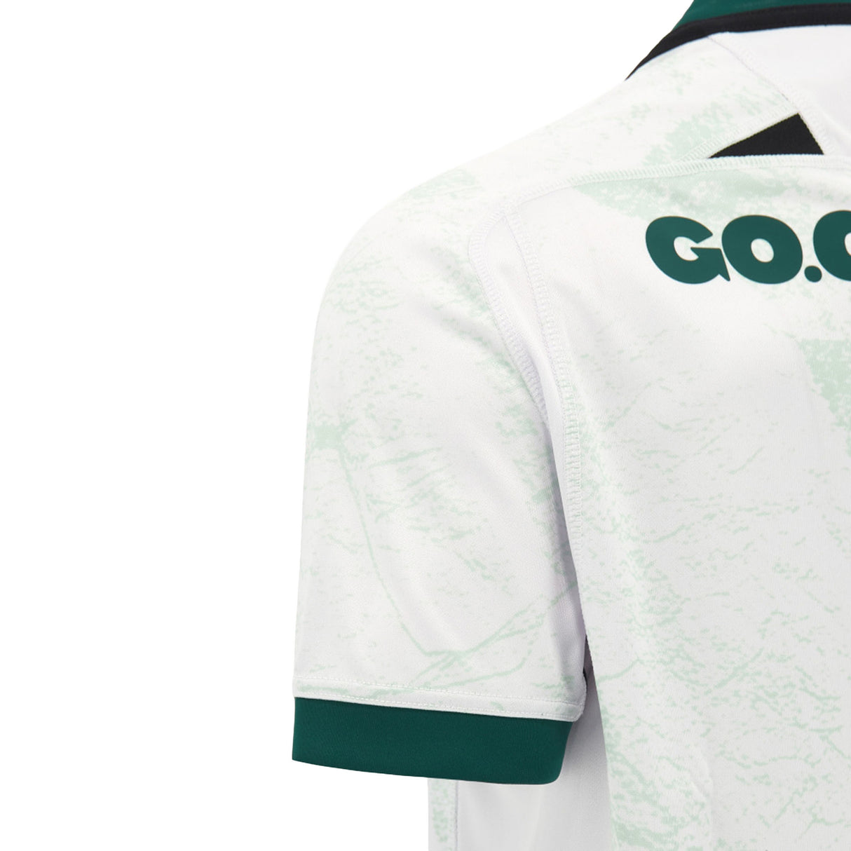 Close-up of the back of the white Wales WRU 26/27 Replica Away Jersey by Macron, showing green collar and sleeve trim, with partial green “GO.CO” text near the shoulder.