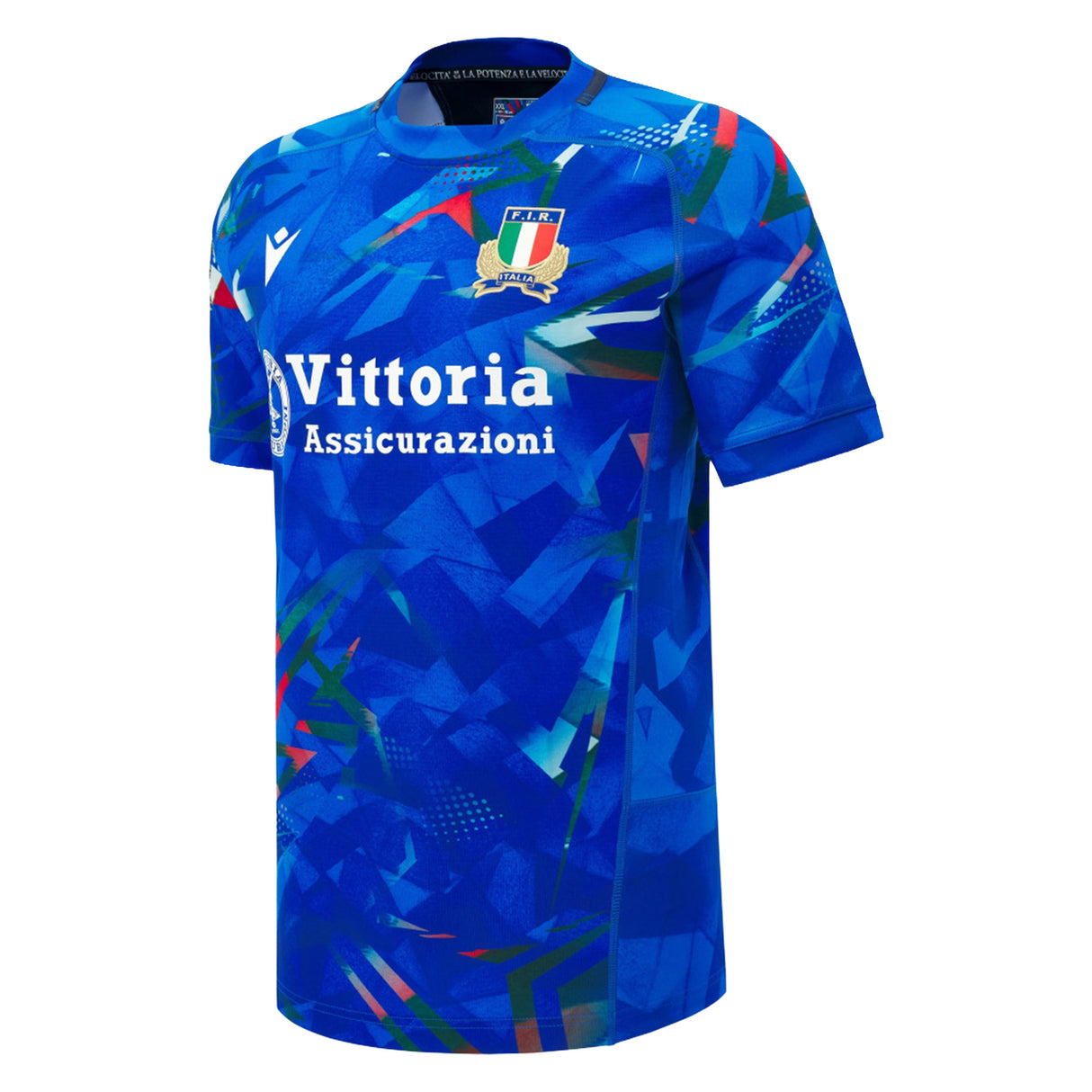 Italy 26/27 Home Authentic Jersey by Macron: This blue soccer jersey features abstract geometric patterns, the official Italy badge, white “Vittoria Assicurazioni” sponsor text, and the Macron logo on the right chest—perfect for fans who want a truly authentic Italy Rugby Jersey experience.