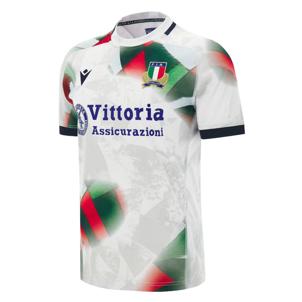 The Italy 26/27 Away Replica Jersey by Macron features an abstract red and green pattern, Vittoria Assicurazioni sponsor logo, F.I.R. crest, and black collar and cuffs—perfectly capturing the bold and stylish spirit of the Italian rugby away kit.