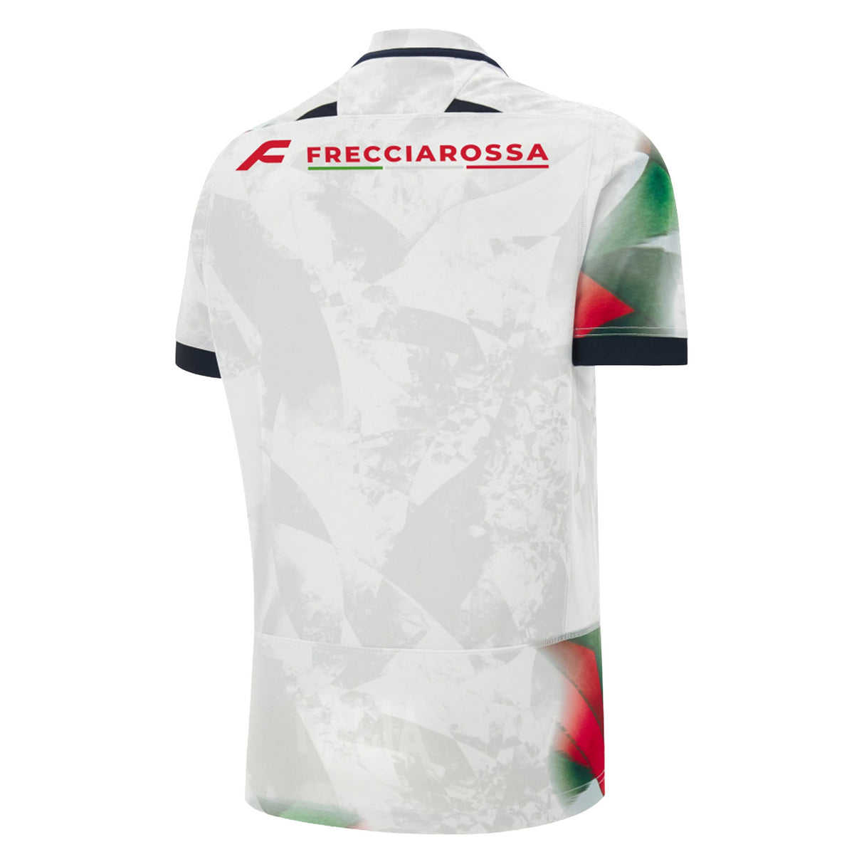 Back view of the Italy 26/27 Away Replica Jersey by Macron, featuring abstract green and red patterns on white fabric, a black collar and sleeve trim, and “FRECCIAROSSA” in red on the upper back.