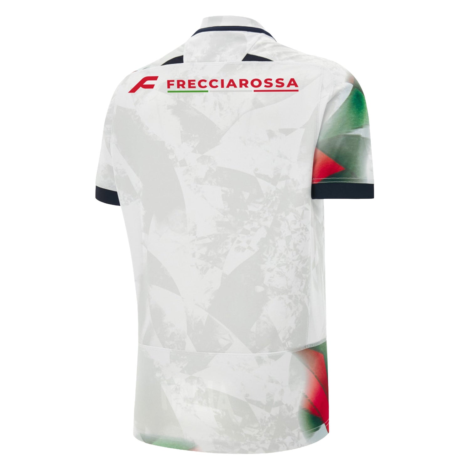 Back view of the Italy 26/27 Away Replica Jersey by Macron, featuring abstract green and red patterns on white fabric, a black collar and sleeve trim, and “FRECCIAROSSA” in red on the upper back.