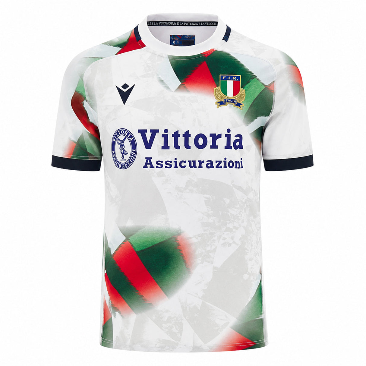 The Italy 26/27 Away Replica Jersey by Macron features a white base with green and red abstract patterns, black collar and cuffs, an Italian flag crest, and the “Vittoria Assicurazioni” sponsor logo across the chest. This stylish jersey is perfect for fans seeking an authentic Italy Rugby Away Jersey or Italia Rugby Replica from Macron.