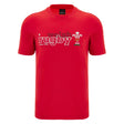 The Wales WRU 26/27 “Welsh Rugby” Fan Cotton T-Shirt by Macron features short sleeves and a bold red design, with “Welsh Rugby since 1881” and the official WRU logo printed in white and black on the front—perfect for fans of Welsh Rugby.