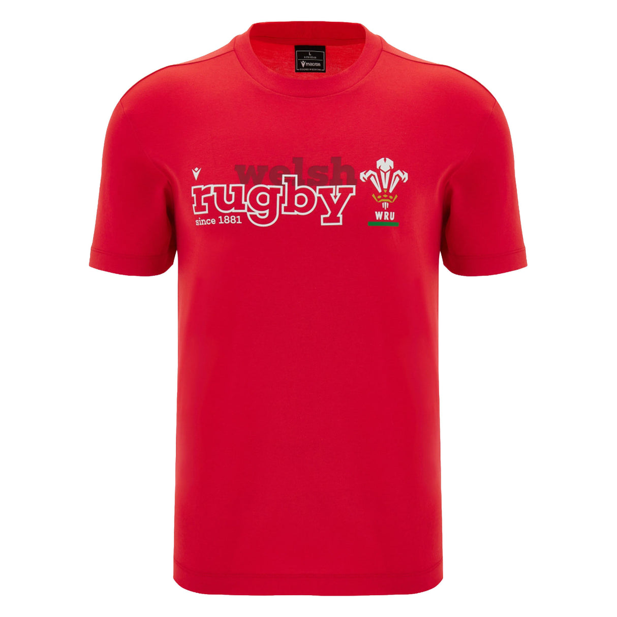 The Wales WRU 26/27 “Welsh Rugby” Fan Cotton T-Shirt by Macron features short sleeves and a bold red design, with “Welsh Rugby since 1881” and the official WRU logo printed in white and black on the front—perfect for fans of Welsh Rugby.