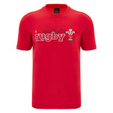 The Wales WRU 26/27 “Welsh Rugby” Fan Cotton T-Shirt by Macron features short sleeves and a bold red design, with “Welsh Rugby since 1881” and the official WRU logo printed in white and black on the front—perfect for fans of Welsh Rugby.