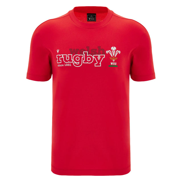 The Wales WRU 26/27 “Welsh Rugby” Fan Cotton T-Shirt by Macron features short sleeves and a bold red design, with “Welsh Rugby since 1881” and the official WRU logo printed in white and black on the front—perfect for fans of Welsh Rugby.