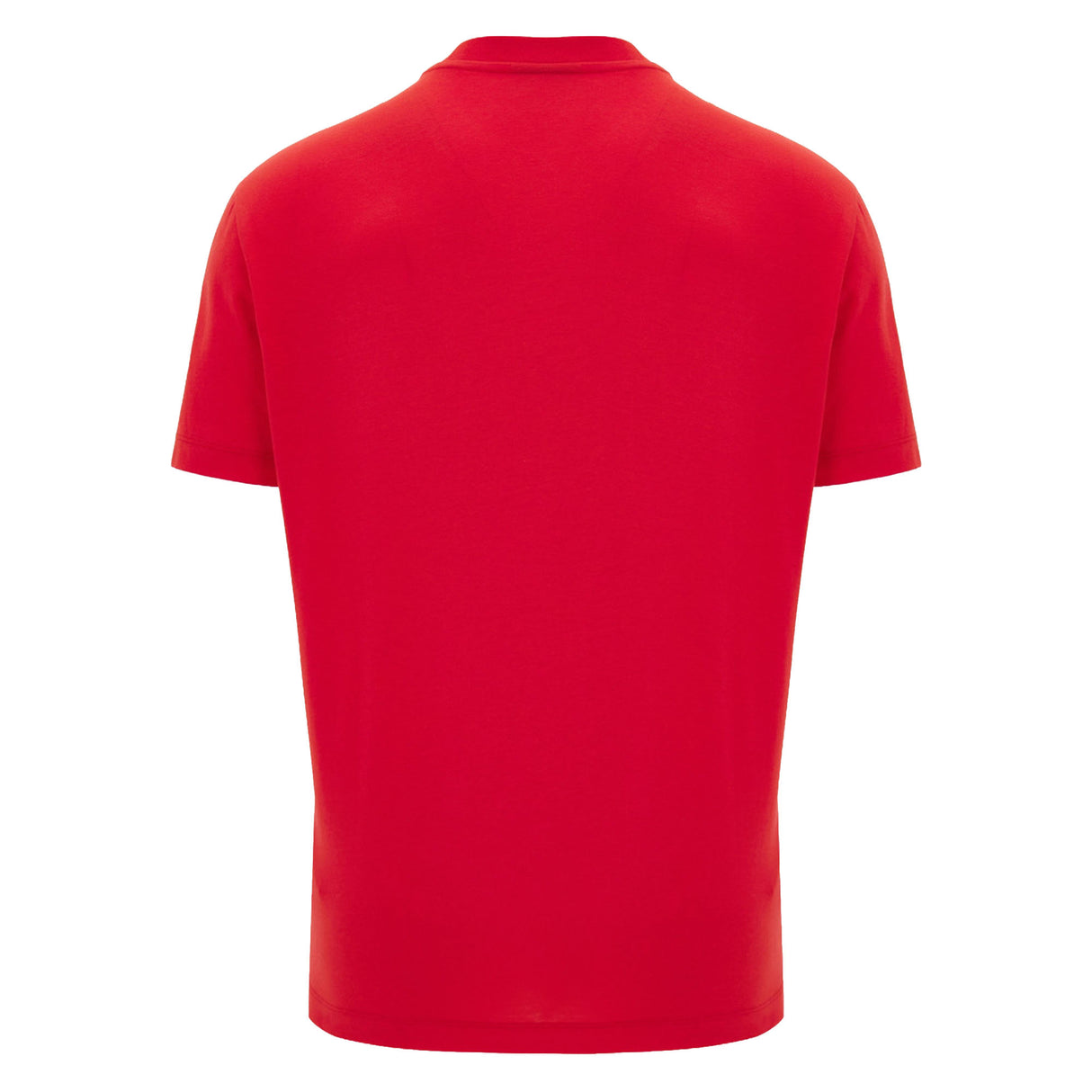 Back view of a plain red short-sleeve Wales WRU 26/27 “Welsh Rugby” Fan Cotton T-Shirt by Macron against a white background, inspired by the classic style of the official Welsh rugby apparel.