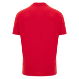 Back view of a plain red short-sleeve Wales WRU 26/27 “Welsh Rugby” Fan Cotton T-Shirt by Macron against a white background, inspired by the classic style of the official Welsh rugby apparel.