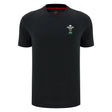 The Wales WRU 26/27 Goalpost Fan Cotton T-Shirt by Macron features a black short-sleeve design with a small embroidered Wales Rugby Union logo on the left chest, making this classic Welsh rugby shirt an ideal choice for any fan.