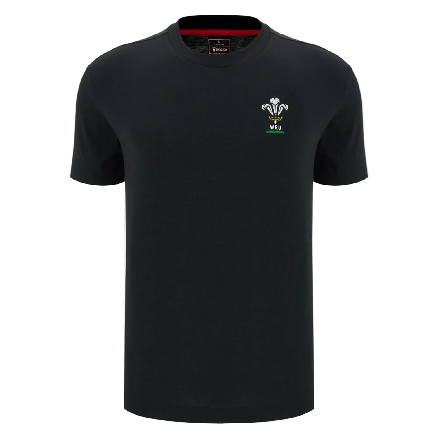 The Wales WRU 26/27 Goalpost Fan Cotton T-Shirt by Macron features a black short-sleeve design with a small embroidered Wales Rugby Union logo on the left chest, making this classic Welsh rugby shirt an ideal choice for any fan.