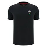 The Wales WRU 26/27 Goalpost Fan Cotton T-Shirt by Macron features a black short-sleeve design with a small embroidered Wales Rugby Union logo on the left chest, making this classic Welsh rugby shirt an ideal choice for any fan.