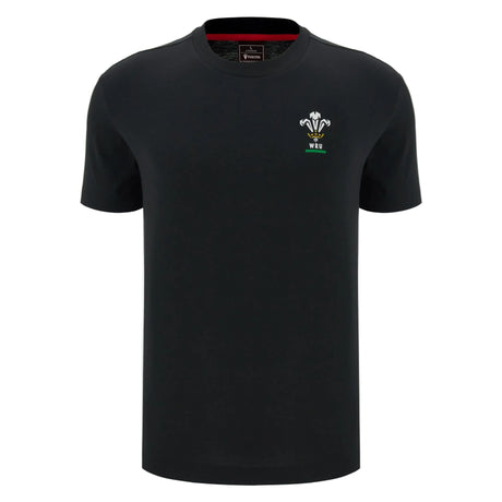 The Wales 26/27 Goalpost Fan Cotton T-Shirt by Macron features short sleeves and a small embroidered Welsh Rugby Union logo on the left chest—a perfect choice for any Welsh Rugby fan.