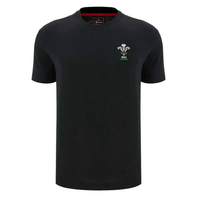 The Wales WRU 26/27 Goalpost Fan Cotton T-Shirt by Macron features a black short-sleeve design with a small embroidered Wales Rugby Union logo on the left chest, making this classic Welsh rugby shirt an ideal choice for any fan.