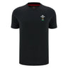 The Wales WRU 26/27 Goalpost Fan Cotton T-Shirt by Macron features a black short-sleeve design with a small embroidered Wales Rugby Union logo on the left chest, making this classic Welsh rugby shirt an ideal choice for any fan.