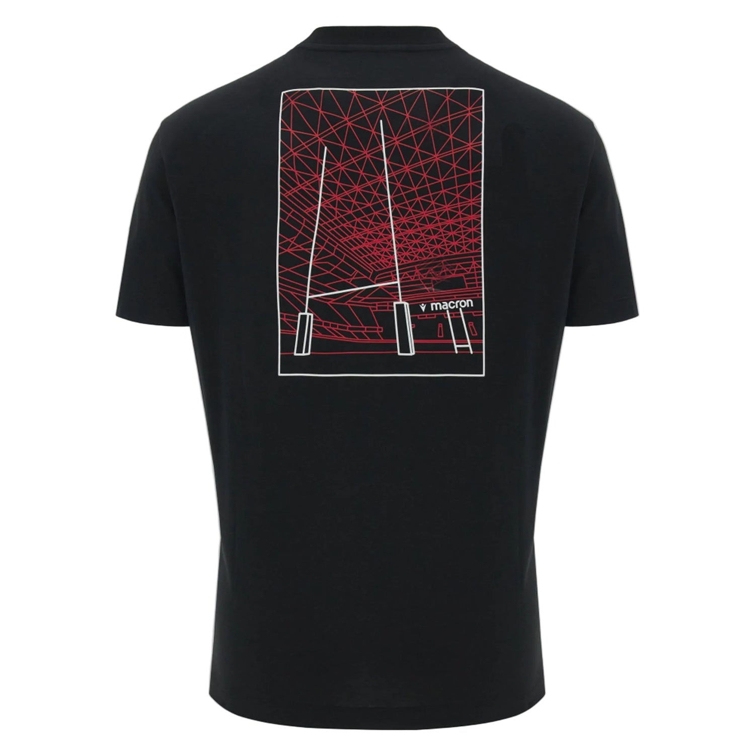 Show your support for the team with the Wales WRU 26/27 Goalpost Fan Cotton T-Shirt by Macron. This black t-shirt features a bold graphic on the back depicting a red geometric dome pattern and two goalposts, along with the iconic Macron logo. Combining classic Macron quality with striking rugby-themed imagery, it’s the perfect choice for any Wales fan.