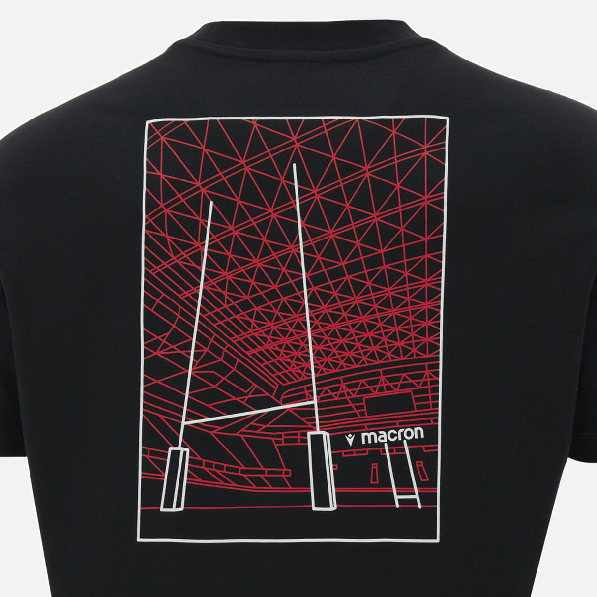 Back of a black Wales WRU 26/27 Goalpost Fan Cotton T-Shirt by Macron featuring a red and white line drawing of a stadium roof and rugby goalposts, with the Macron brand name visible.
