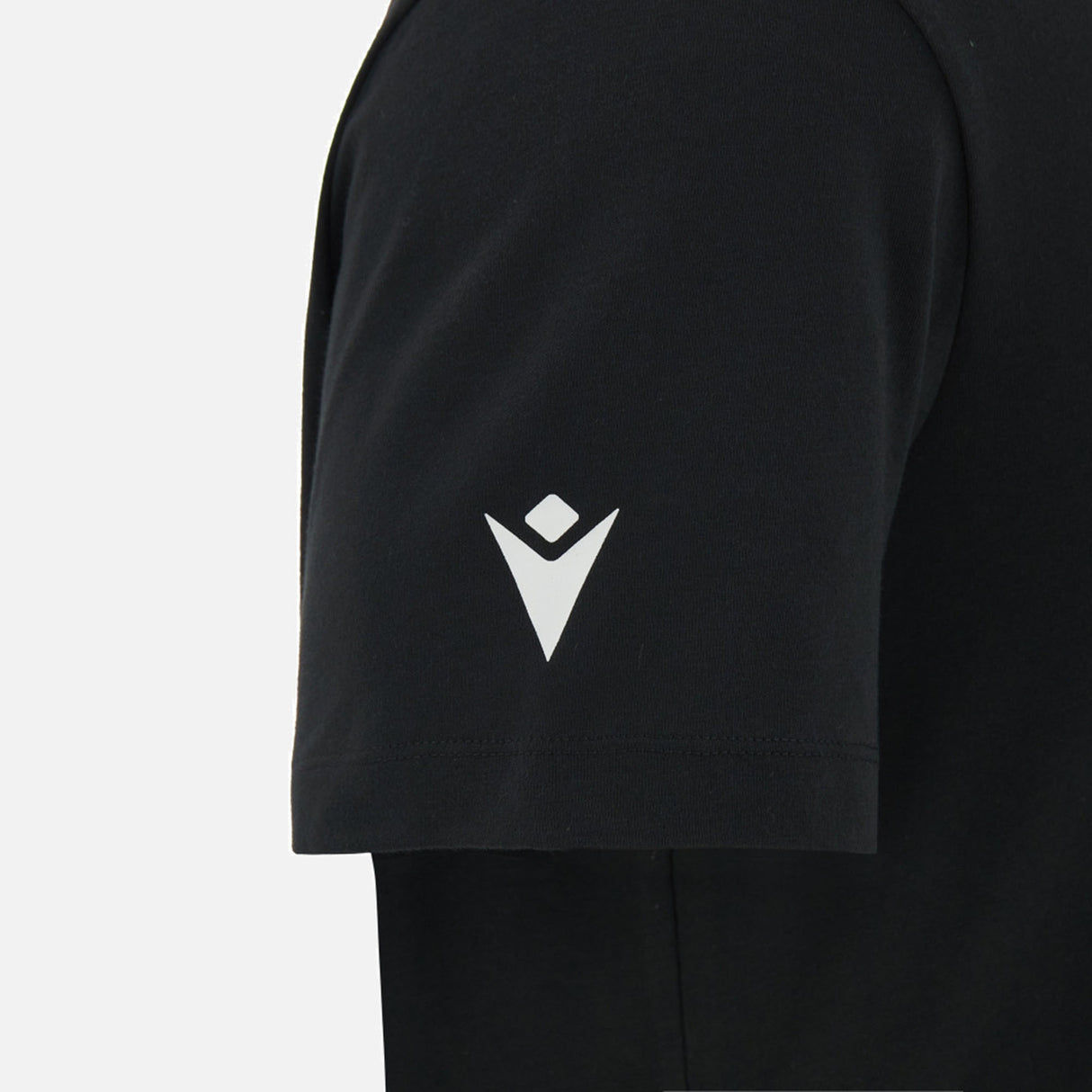 Wales WRU 26/27 Goalpost Fan Cotton T-Shirt by Macron—black short-sleeve shirt with a white geometric logo on the sleeve, inspired by classic Wales WRU style, displayed against a plain light background.