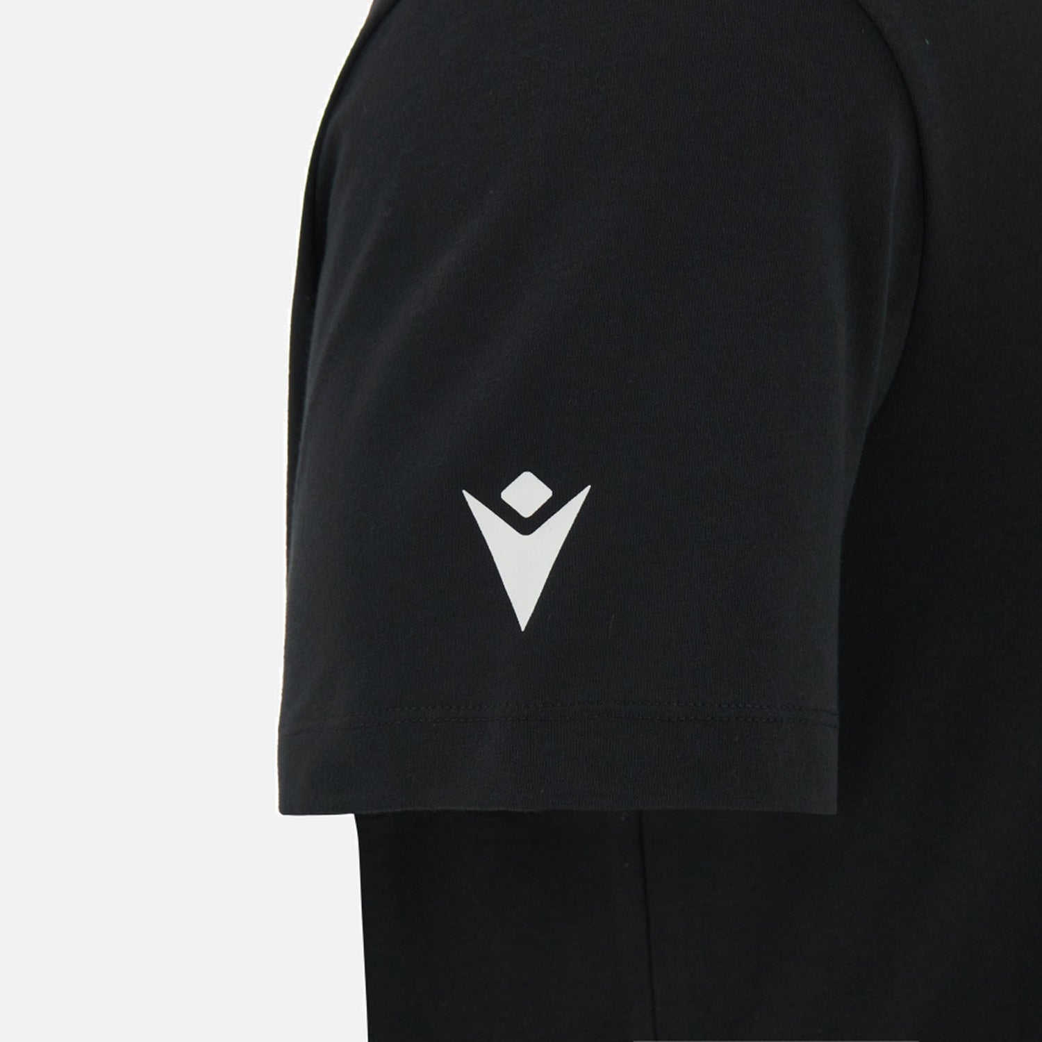 Wales WRU 26/27 Goalpost Fan Cotton T-Shirt by Macron—black short-sleeve shirt with a white geometric logo on the sleeve, inspired by classic Wales WRU style, displayed against a plain light background.