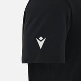 Wales WRU 26/27 Goalpost Fan Cotton T-Shirt by Macron—black short-sleeve shirt with a white geometric logo on the sleeve, inspired by classic Wales WRU style, displayed against a plain light background.