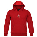 Show your pride with the Wales WRU 26/27 Fan Cotton Hoodie by Macron—a vibrant red hoodie featuring a front pocket and a subtle white geometric and animal graphic on the chest, perfect for any supporter’s collection.