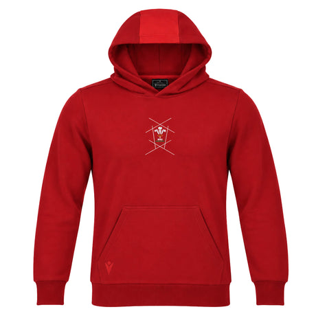 Show your pride with the Wales WRU 26/27 Fan Cotton Hoodie by Macron—a vibrant red hoodie featuring a front pocket and a subtle white geometric and animal graphic on the chest, perfect for any supporter’s collection.